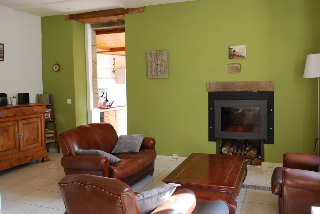 Salon en cuir avec cheminée