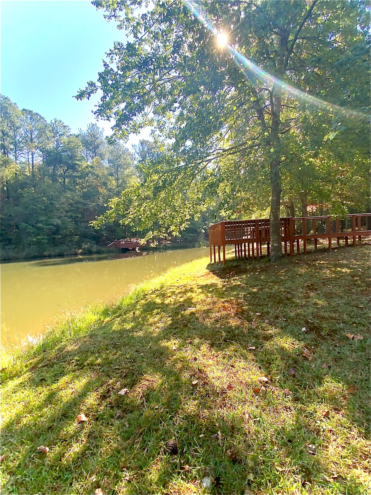 A peaceful view of the water is framed by lush greenery. A wooden deck extends toward the lake, providing a serene space for relaxation. Sunlight filters through the leaves, casting gentle reflections on the water's surface.