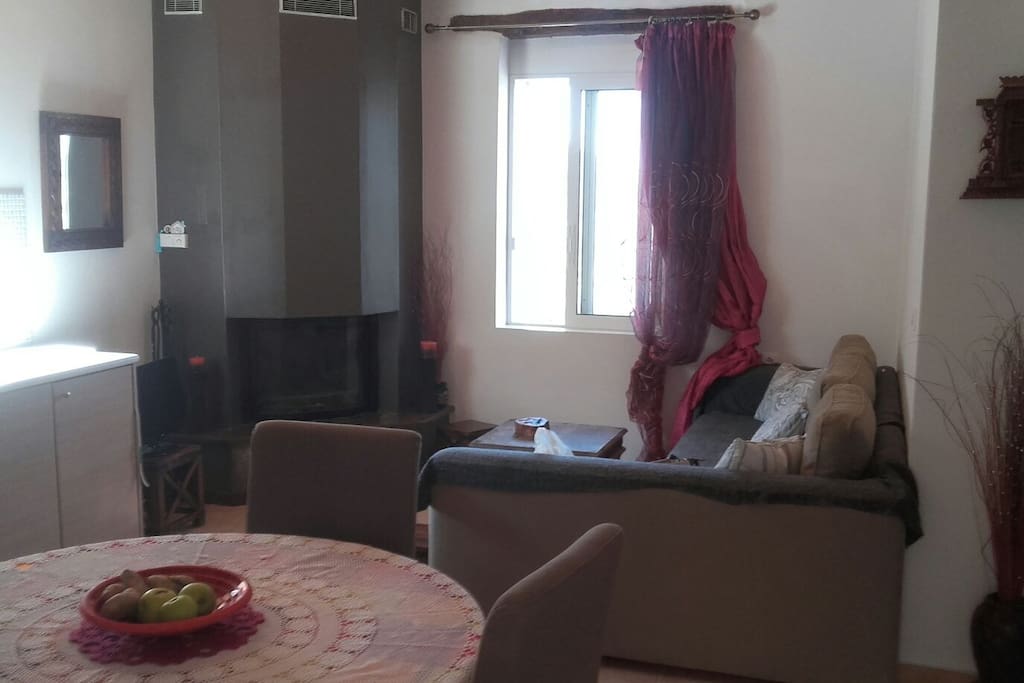Living room/kitchen with fireplace. Sofa turns into a double bed.