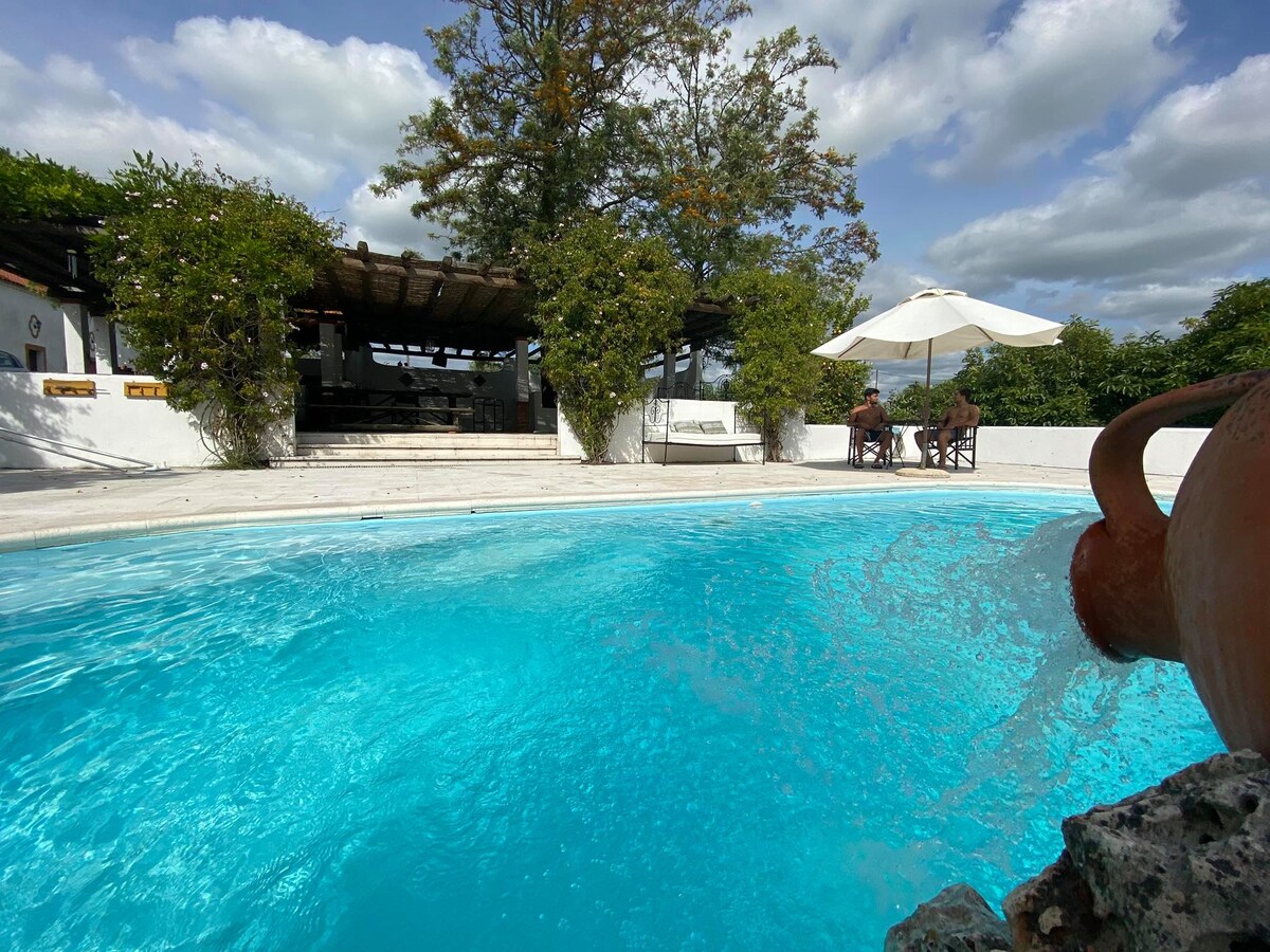 A turquoise swimming pool is framed by lush greenery and a shaded seating area. An umbrella and a wooden dining set are visible beside the pool, providing comfortable relaxation space. The backdrop features a rustic building with a thatched roof, enhancing the outdoor experience.