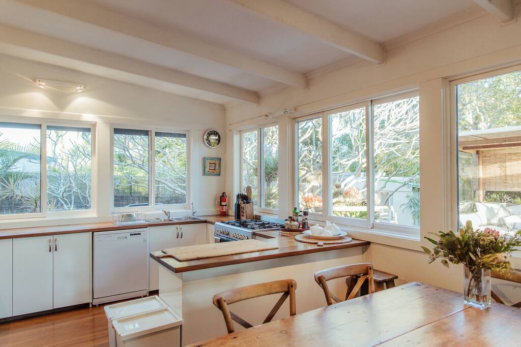 Kitchen with large oven and gas cooktop.
