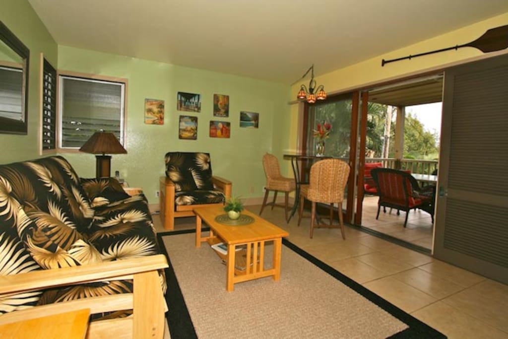Living area with full size futon and twin futon chair (suitable for child)