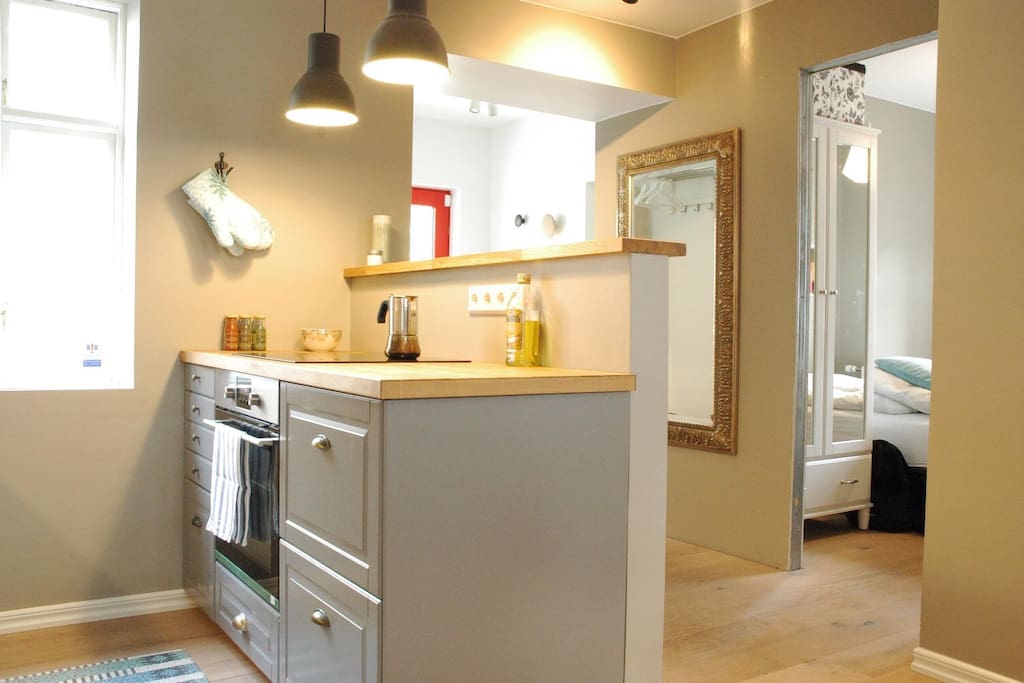 The kitchen with a peep into the bedroom