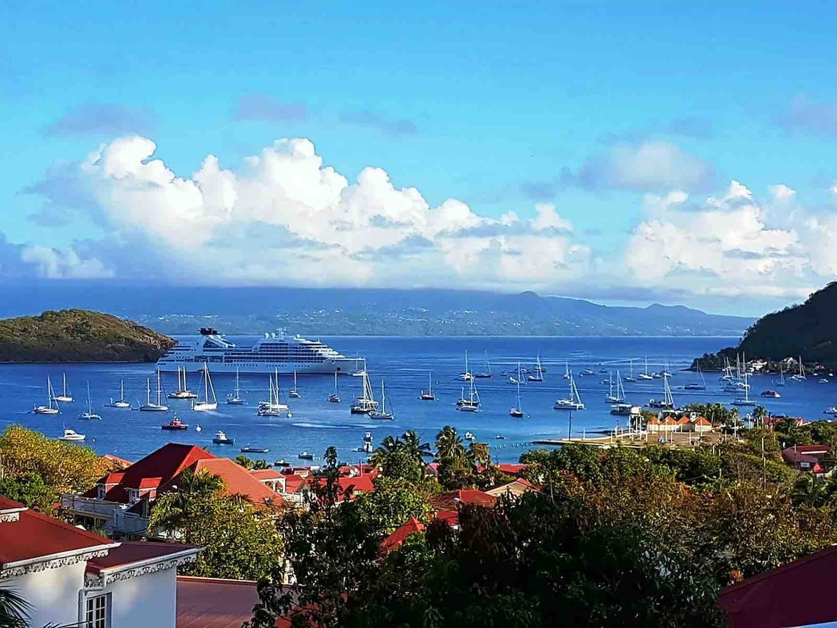 A panoramic view of the harbor showcases numerous sailboats anchored in clear blue waters, surrounded by lush greenery and vibrant red rooftops. In the distance, larger vessels are visible against a backdrop of soft clouds and a serene skyline.