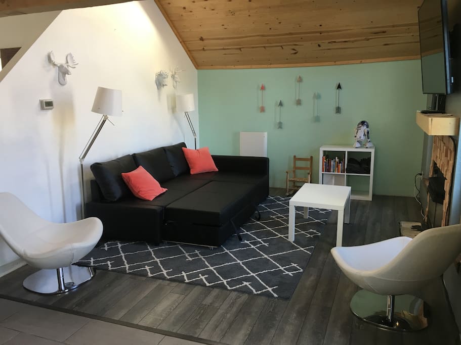 L shaped sofa turns into full side bed. Great for kids.