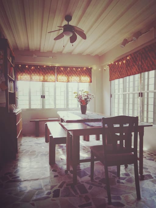 This dining room doubles as a working/studying/meeting area.