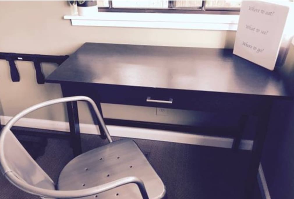 Work station with peaceful view, equipped with binder with local information.