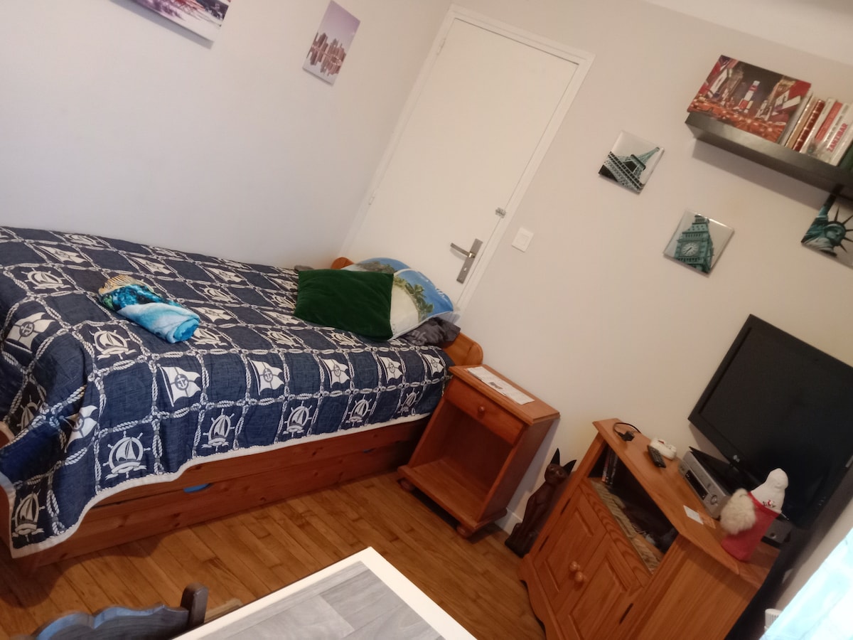 A simple and functional bedroom features a spacious single bed adorned with a blue and white patterned blanket. A wooden nightstand is positioned beside the bed, and a television sits on a wooden cabinet across the room. Wall-mounted decor adds a touch of character.