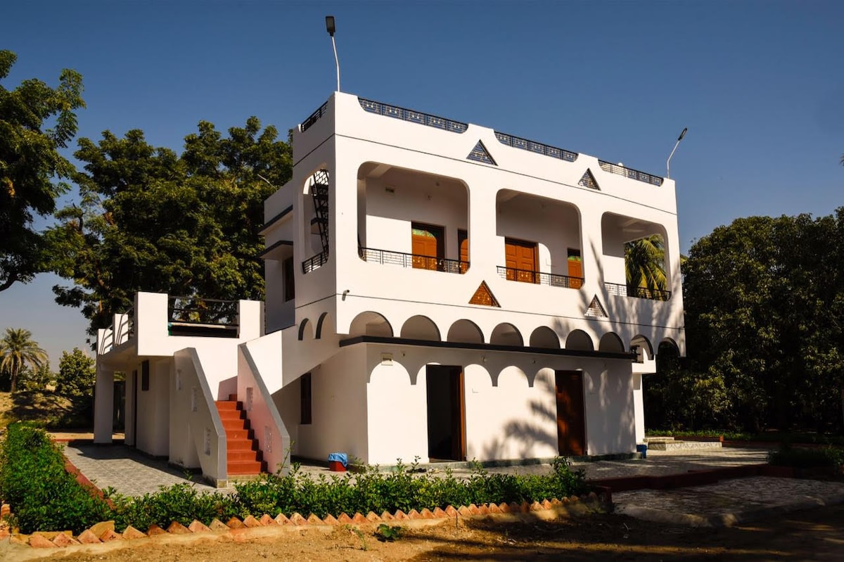 A modern three-story building is showcased, featuring spacious balconies with arches and wooden doors. The white exterior contrasts with the greenery surrounding the property, while a terraced area with stairs leads to the entrance, emphasizing the property’s inviting layout.