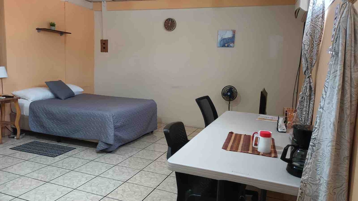 An open-plan space features a spacious bed covered with a gray quilt. A small shelf with a potted plant is mounted on the wall. A simple dining table with chairs is positioned opposite the bed, alongside a coffee maker and a kettle.