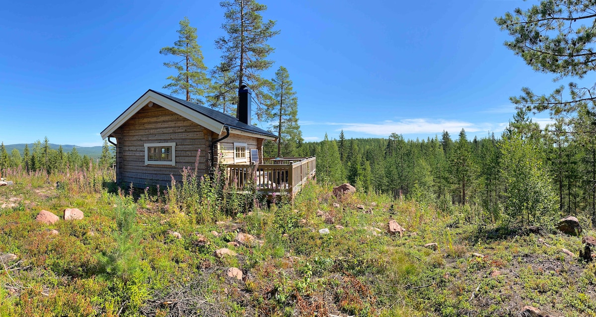 A cabin is nestled among tall trees, surrounded by wild greenery and rocky terrain. The wooden structure features a deck and a chimney, with expansive views of the forest and distant hills under a clear blue sky.