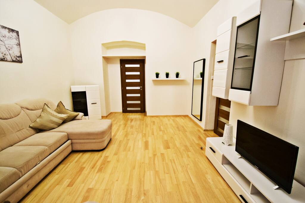 There is a flat screen TV and fast speed internet