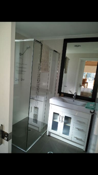 New modern bathroom with wide access to the shower.