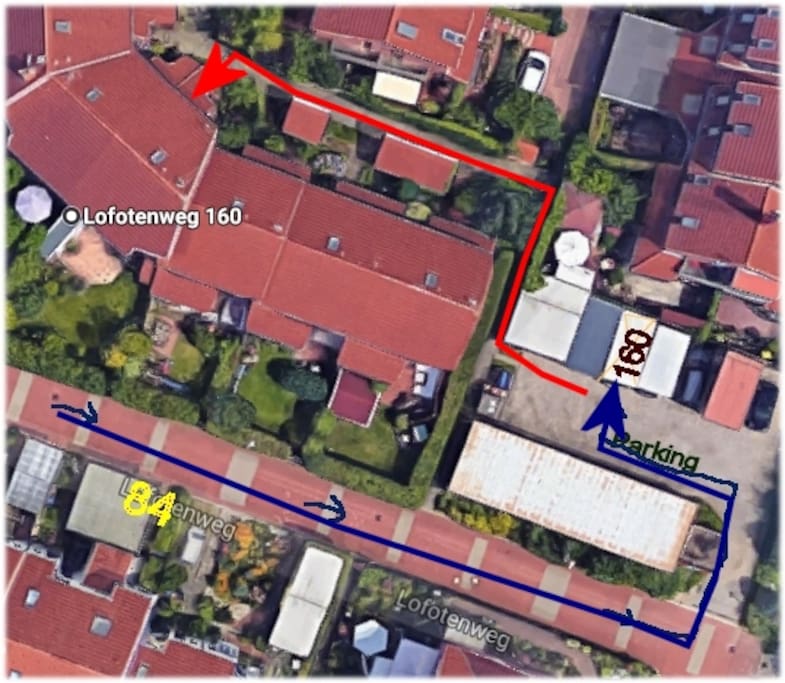 Zum Carport-Stellplatz - Blau
Zum Hauseingang - Rot