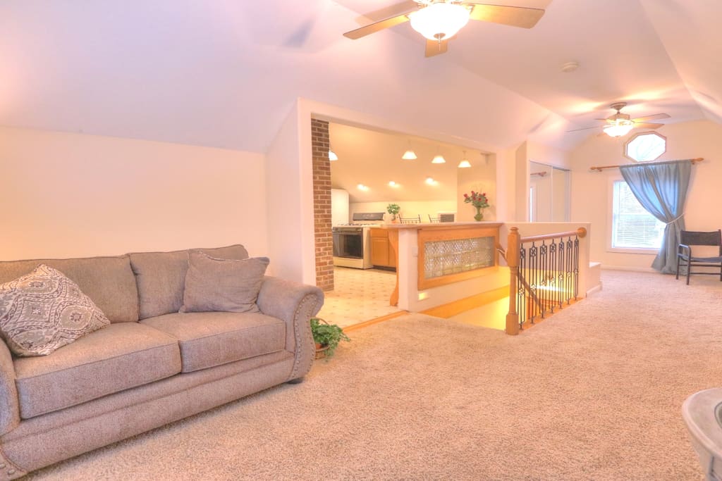 Fully furnished with new reclining leather loveseat, desk, two chairs, fireplace, large TV connected to internet & wi-fi