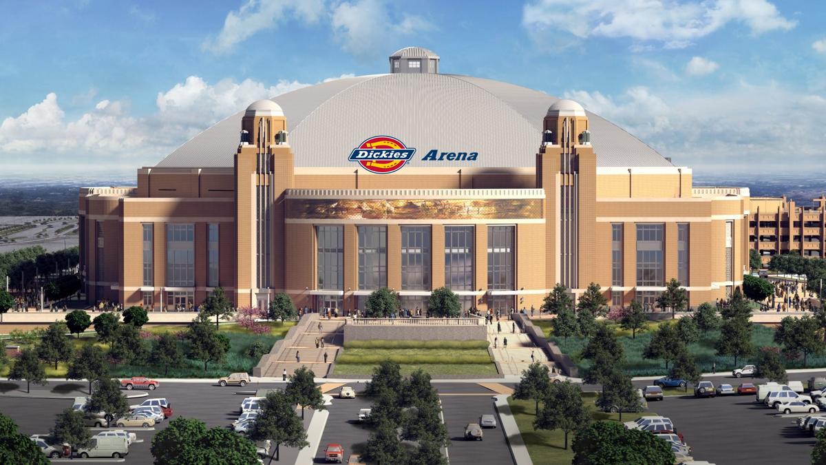 The image presents the exterior of the Dickies Arena, a modern and large structure with a prominent dome-shaped roof. The building features a brick facade complemented by elegant architectural details. Surrounding the arena, landscaped areas with trees and pathways create an inviting atmosphere, while a large parking area is visible in the foreground.