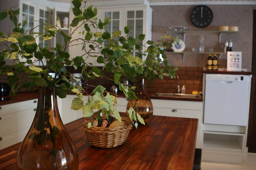 Vaak proberen we wat extra's, we leven op het land en hebben dus groen genoeg. Onze ruime open keuken.