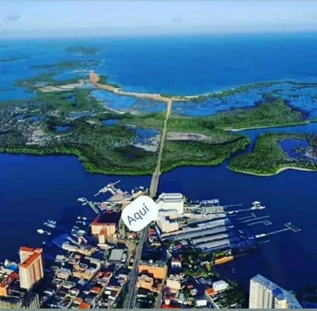 An aerial view captures a vibrant coastal scene, with land and water intricately intertwined. The image presents a blend of green landscapes, waterways, and a marina with docked vessels. Urban structures are visible in the foreground, contributing to the area's coastal charm.