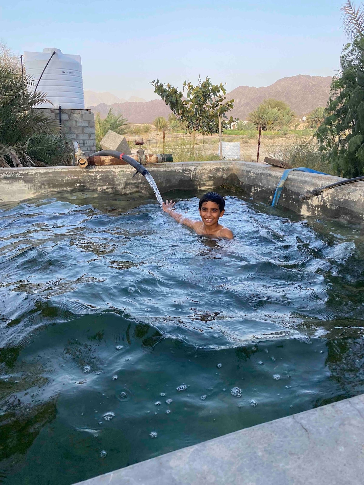 A small pool is visible, with water rippling gently. Surrounding greenery includes palm trees and sparse shrubbery, contrasting against the mountains in the background. The scene conveys a sense of calm, with a child swimming, creating splashes and waves in the water.