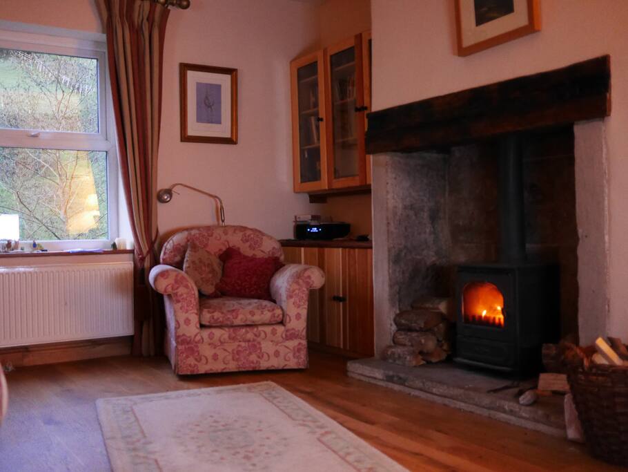 A cosy lounge with a lovely wood burner