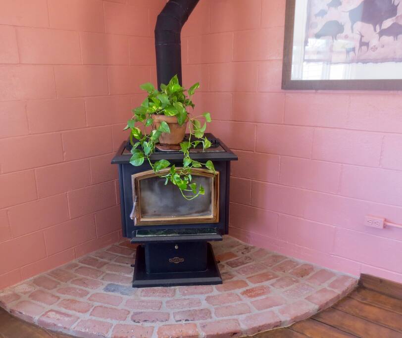 Wood stove adds cozy comfort in cold weather.