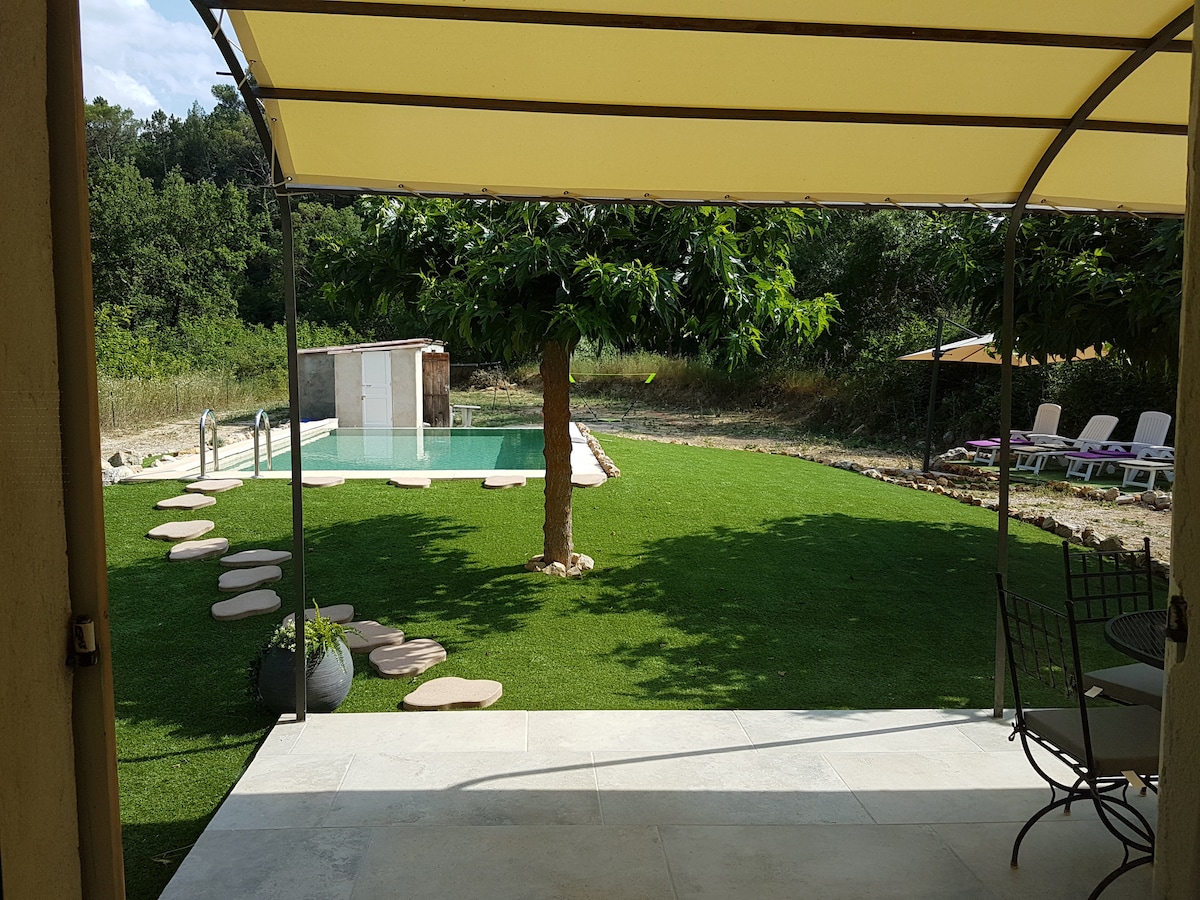 A spacious lawn is presented under a covered terrace, featuring a private infinity pool surrounded by greenery. A decorative tree and lounge chairs are visible on the lawn, along with stepping stones leading toward the pool area, creating an inviting outdoor setting.