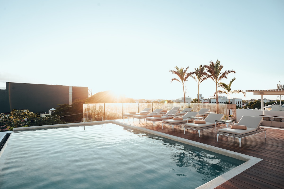 A rooftop pool is presented, surrounded by sun loungers arranged along the wooden deck. Palm trees are positioned nearby, with sunlight casting a warm glow over the scene. The horizon is visible in the background, enhancing the atmosphere of relaxation.