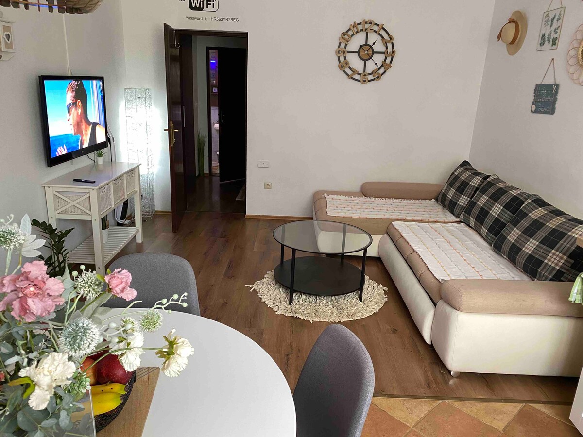The living area contains a corner sofa with a light-colored throw, accompanied by a circular glass coffee table placed on a decorative rug. A flat-screen TV is mounted on the wall, and a dining table with several chairs is positioned nearby, featuring a centerpiece of fresh flowers and fruit.