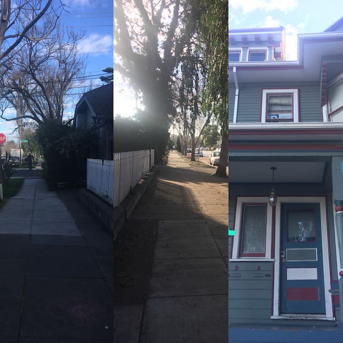 Facing front of our house, 1st pic shows what you see towards your left, middle pic shows what you see towards your right. The third picture shows where you will be staying. We are on the second floor.