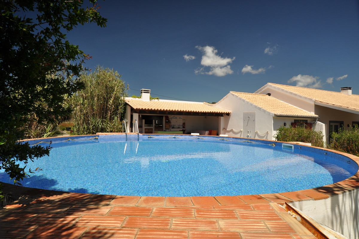 A circular swimming pool is set against a clear blue sky, surrounded by terracotta tiles. A shaded area with a roof is visible in the background, providing access to a cooking or lounging space. Lush greenery frames the pool, enhancing the outdoor setting.