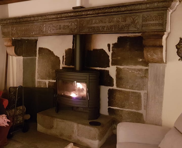 haiba ya meko ya ghorofa ya chini, na joto la jiko la kuni linalowaka 