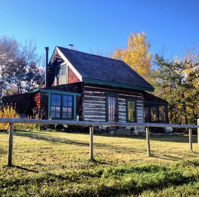 The loghouse features a warm exterior with rich wooden textures, flanked by tall, multi-pane windows. Surrounding vegetation includes trees and shrubs in autumn hues. A simple fence outlines the grassy area, adding to the rustic charm of this heritage property.