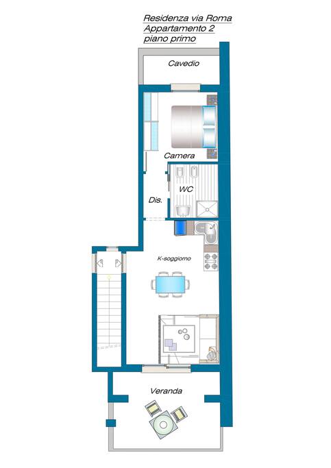 piantina appartamento n. 2 mq 50 con balcone esposto a sud ovest