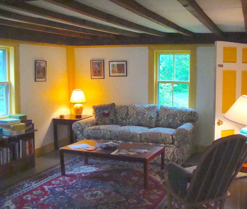The living room is a comfortable area with sofa, reading rocker, television with DVD and media area with books, games and DVD's. There is high speed WiFi, but not cable.