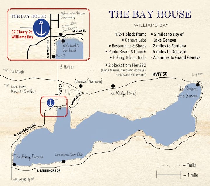 The Bay House one block from Geneva Lake Houses for Rent in