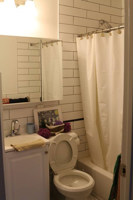 Modern renovated bathroom with full sized bathtub/shower with memory foam bathmat and towel hangers with auto drying heating below.