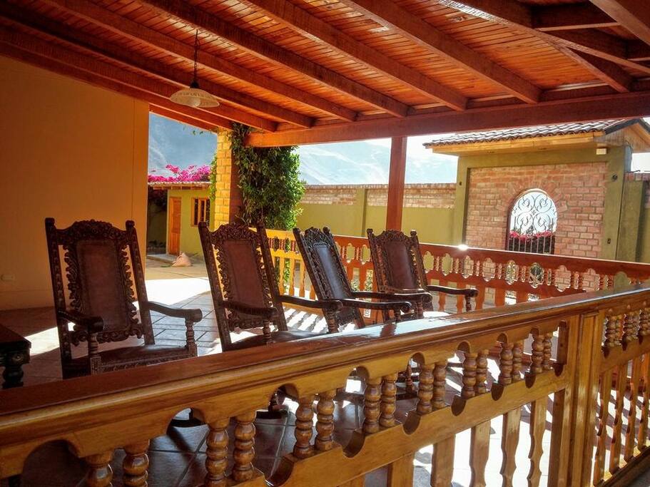 Downstairs balcony with a perfect morning view of the sunrise coming up over the Huascaran (the 4th highest mountain in the Western Hemisphere). Mix with a blanket and coffee or tea and you're all set.