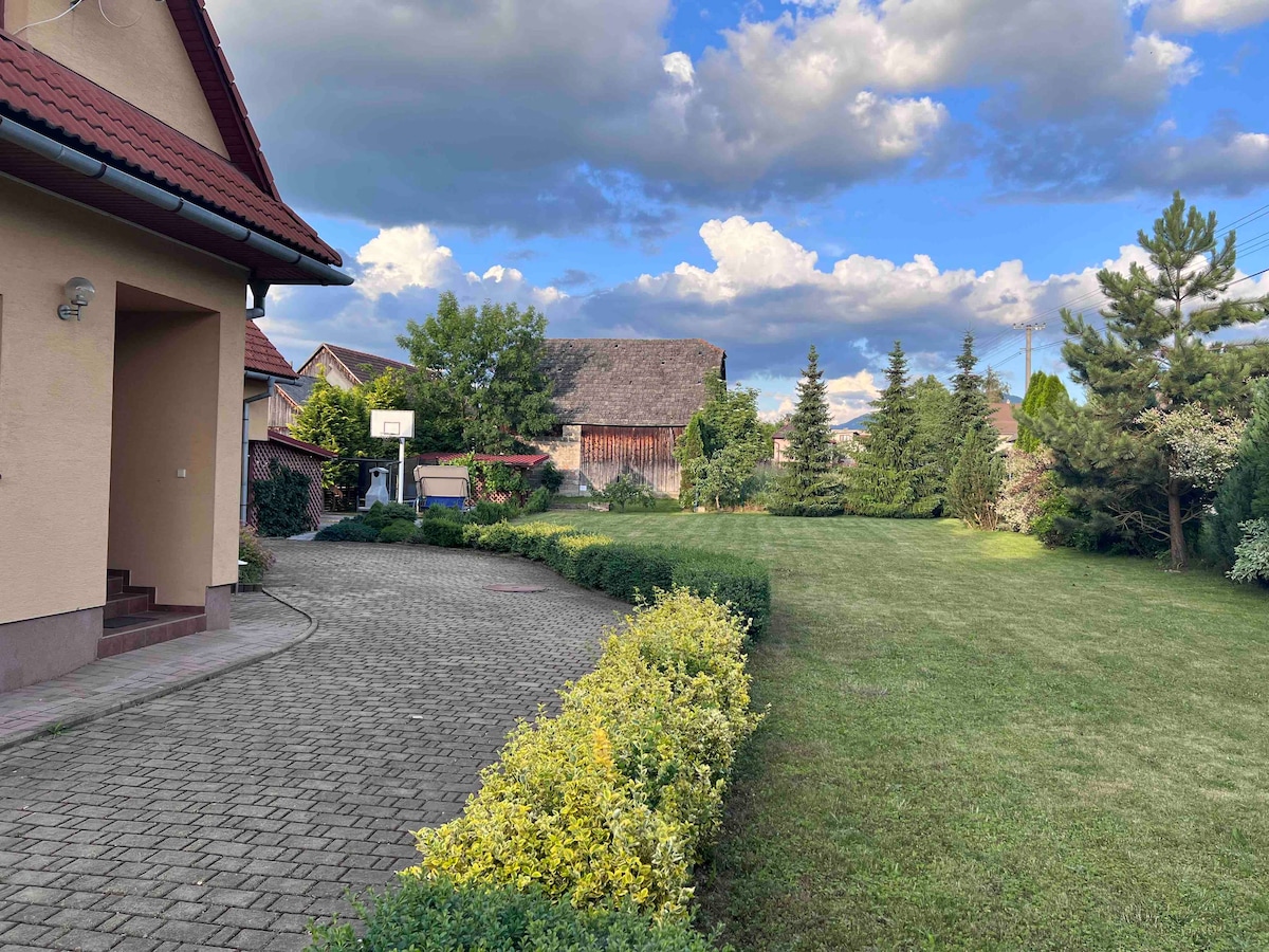 A private garden area is visible, featuring a well-maintained lawn bordered by low shrubs. A basketball hoop is mounted nearby, with a spacious driveway leading to the house. The background showcases trees and nearby structures under a partly cloudy sky.