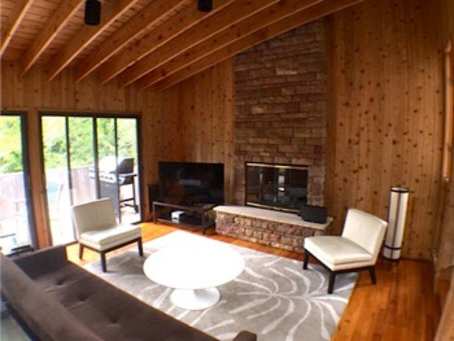 Living room with working fireplace.