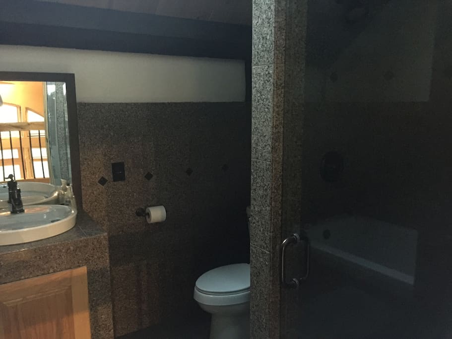 1 of 2 spa-like bathrooms featuring granite finishes and 2 showerheads