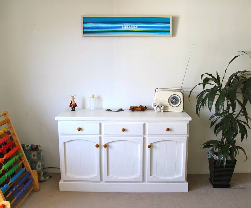 Living area with digital radio (and hidden TV)