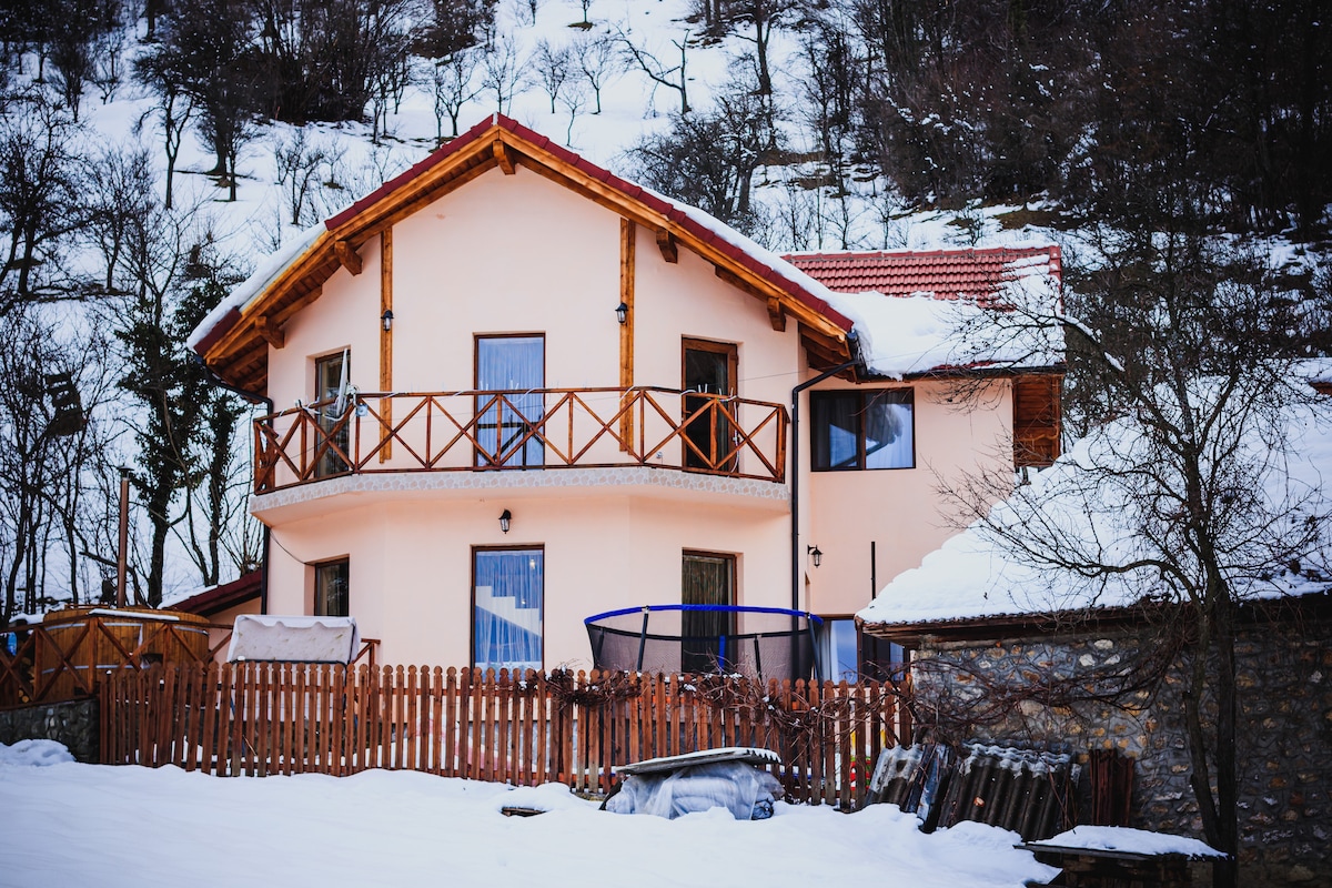 A two-story cabin is situated in a snowy landscape, featuring a wooden balcony adorned with a railing. Large windows allow natural light to brighten the interior. A trampoline is visible in the backyard, enclosed by a wooden fence, surrounded by snow-covered trees.
