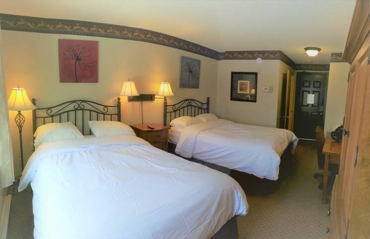 Historic hotel room with a forest view on a river