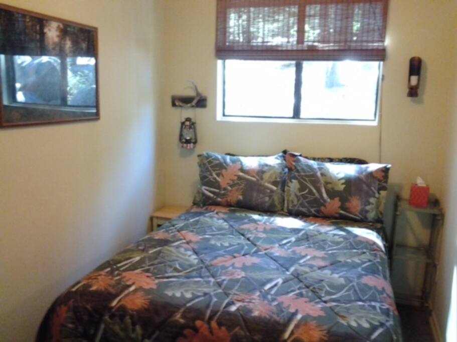 Full bed with ceiling fan