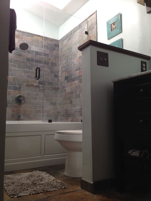 master bath w/double sinks + spa tub + shower + skylight