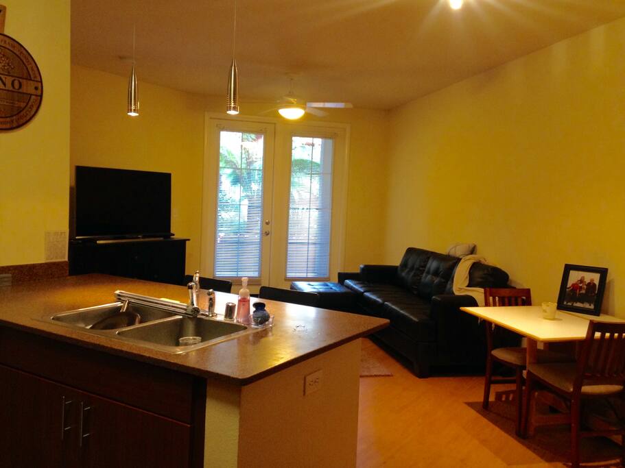 Brand new appliances in large kitchen, overlooking open living room with ceiling fan and walk-out patio. Multiple light fixtures throughout.