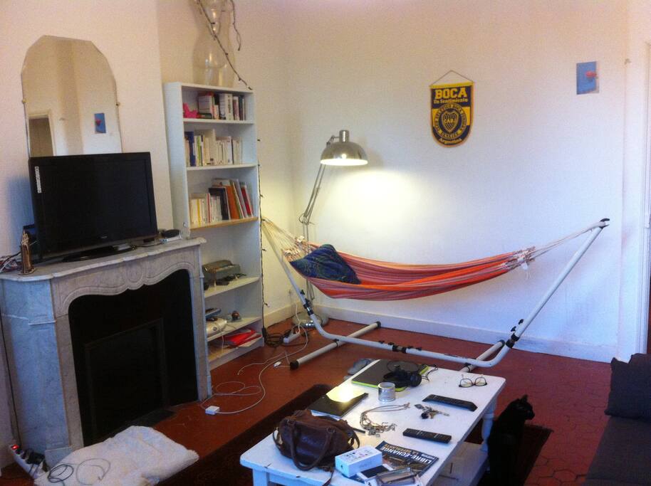 Le salon ( TV, canapé, hamac)