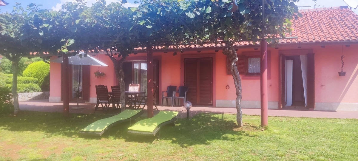 A modern home is set in a landscaped garden, featuring a sunbathing area with two green loungers. A wooden dining table and chairs are visible underneath a shaded trellis. The façade showcases a soft pink color, with several windows inviting natural light.