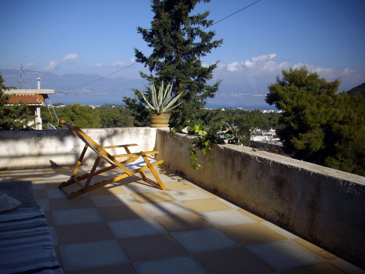 A shaded terrace is presented with a wooden lounge chair facing a panoramic view of the sea and mountains. Potted plants add greenery, complemented by stone-tiled flooring. The tranquil surroundings enhance the sense of relaxation and connection with nature.