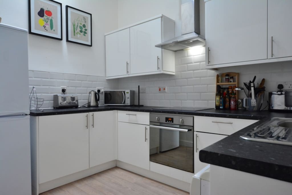 Modern kitchen just off the living room